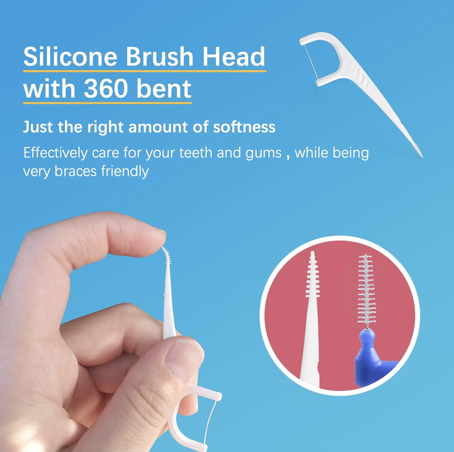 Hilo dental para adultos palillos de dientes con cerdas, un extremo es palitos de hilo dental súper suaves, el otro extremo es cepillo de hilo