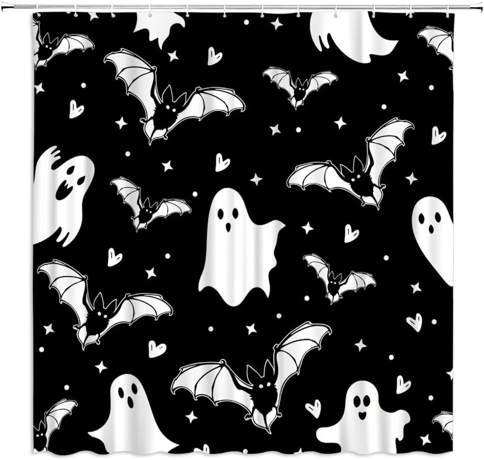Cortina de ducha de Halloween con bonitos fantasmas divertidos y espeluznantes murciélagos estrellados, cortinas de baño en blanco y negro, juego de