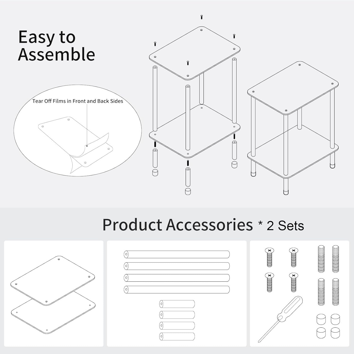 Bkemiy Clear Acrylic Side Table Set of 2, 2-Tier End Table for Living Room, Small Modern Bedside Tables Nightstand for Bedroom, Home Decor Accent