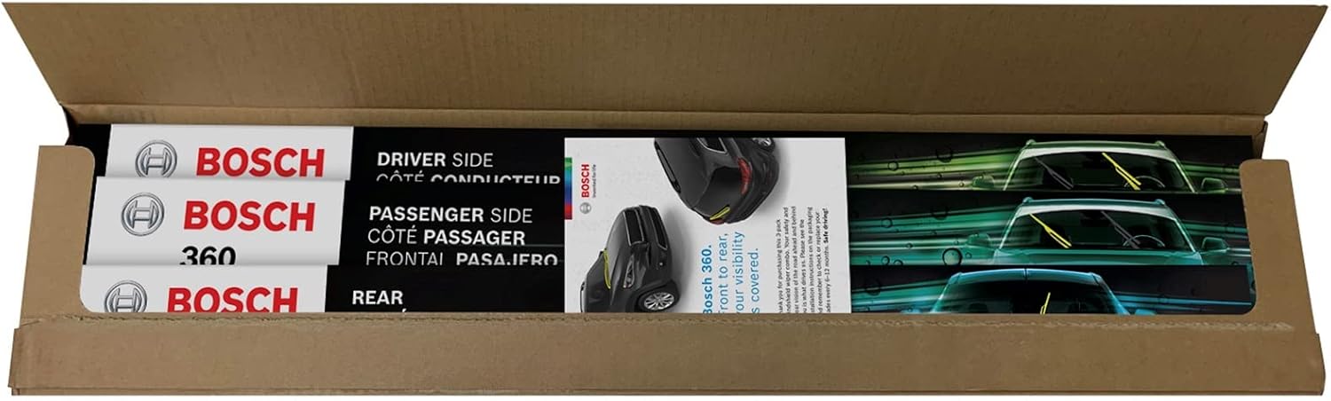Bosch 360 – Kit completo de limpiaparabrisas para vehículo, incluye limpiaparabrisas delantero tipo haz (par) + limpiaparabrisas trasero (1) de