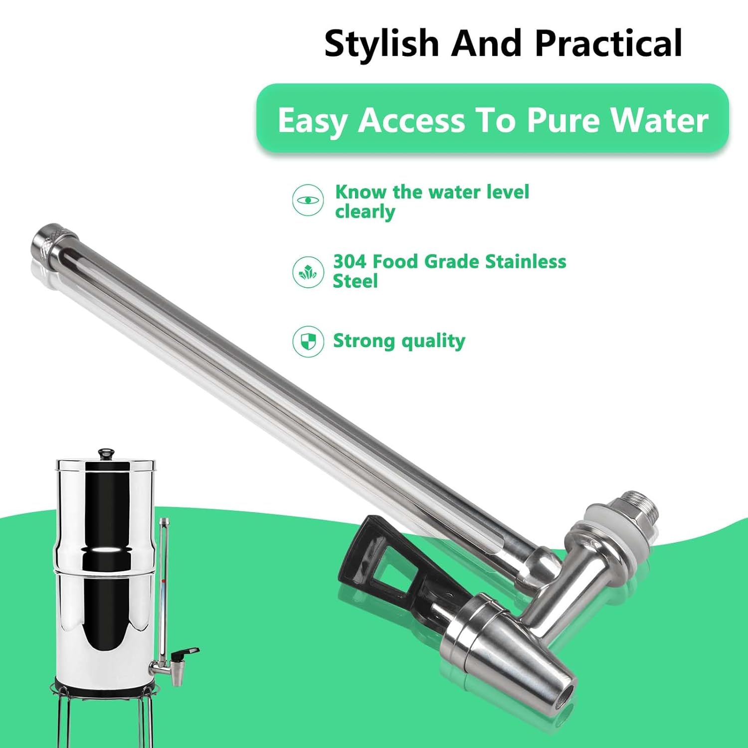 Espiga de vidrio de 10 pulgadas con vista clara, nivel de agua, acero inoxidable, para Berkey Big, sistema de filtro de agua alimentado por gravedad