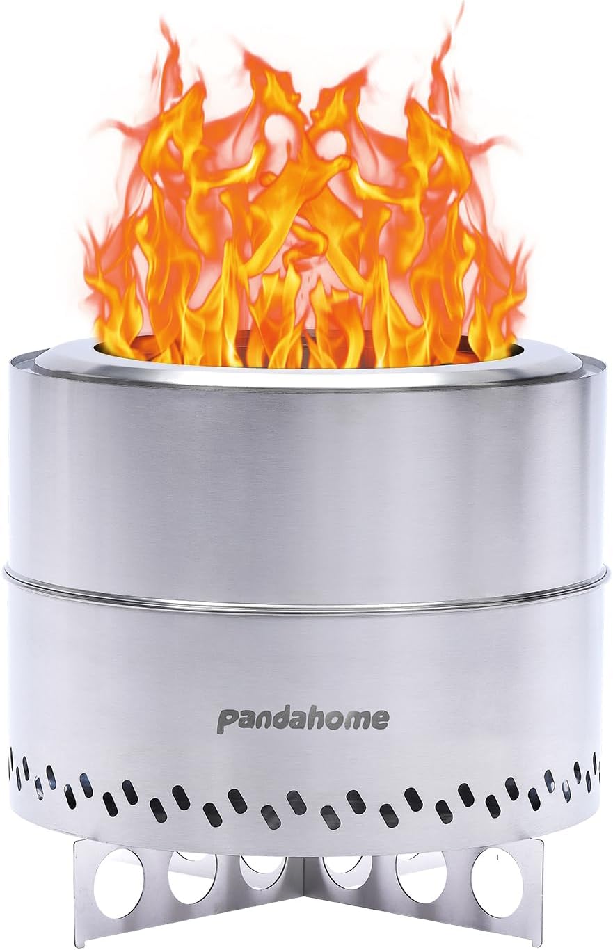 PANDAHOME Fogata sin humo con cenicero extraíble  Chimenea portátil de leña con soportes, hoguera XL al aire libre para campamento, acero inoxidable