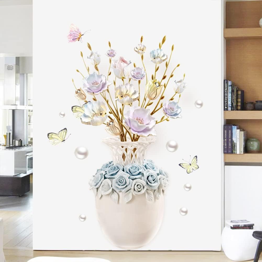 Calcomanías de pared de flores de colores en relieve, jarrón 3D, autoadhesivas, impermeables, papel de pared extraíble, decoración de pared para