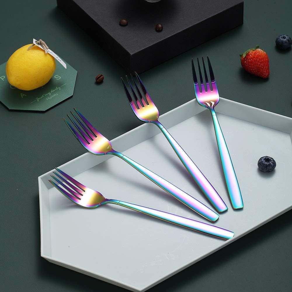 HOMQUEN – Juego de 4 tenedores de cena Rainbow de acero inoxidable resistente de 7.8 pulgadas, diseño moderno, tenedor de mesa chapado de titanio,