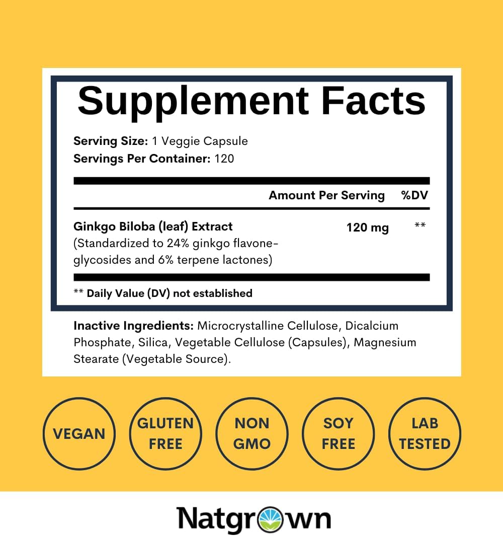 Natgrown Ginkgo Biloba 120mg – Cápsulas de extracto de ginkgo biloba extra fuerza, 120 unidades