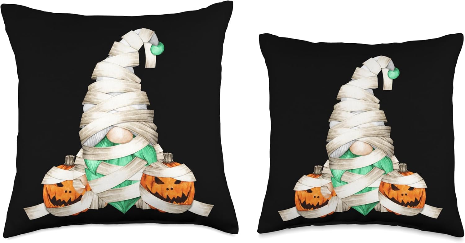 Lindas calabazas envolventes de momia para niños, cojín gráfico de gnomo de Halloween, 16 x 16 pulgadas, multicolor
