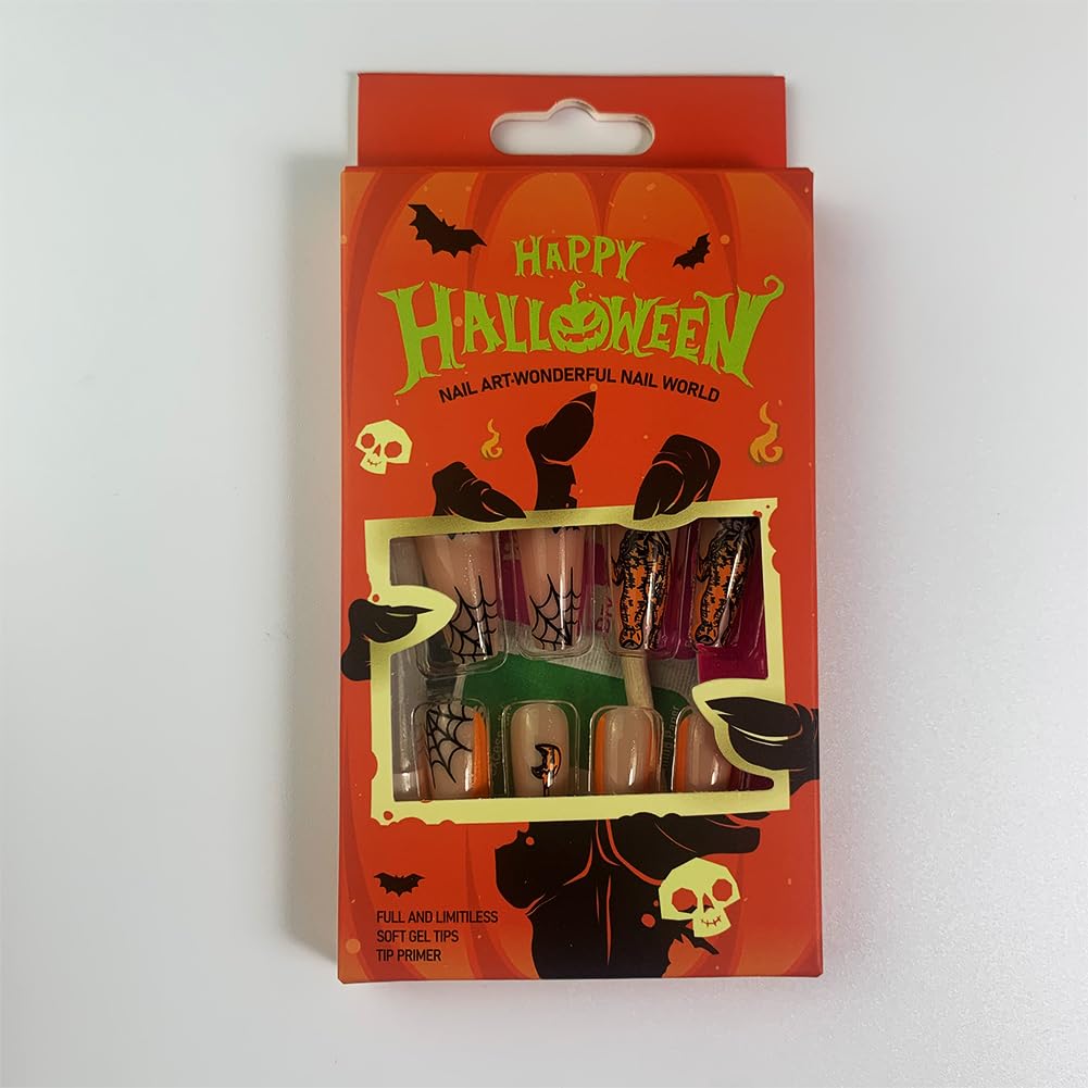 Uñas postizas a presión de Halloween, 24 unidades (12 tamaños), color naranja y negro, con punta francesa, uñas artificiales acrílicas con diseño de