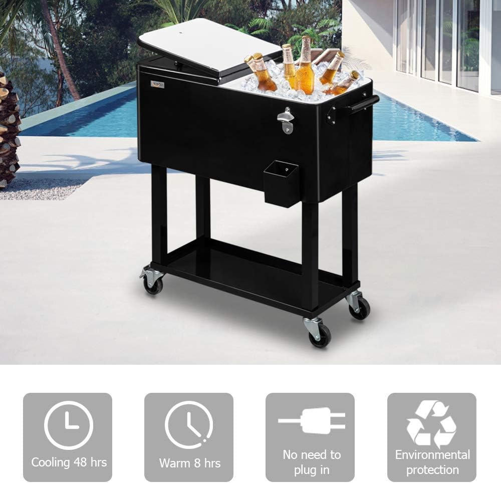 VINGLI Carrito rodante de 80 cuartos de galón con ruedas, enfriador de bebidas portátil para bar, fiesta de patio, piscina, baúl de hielo con