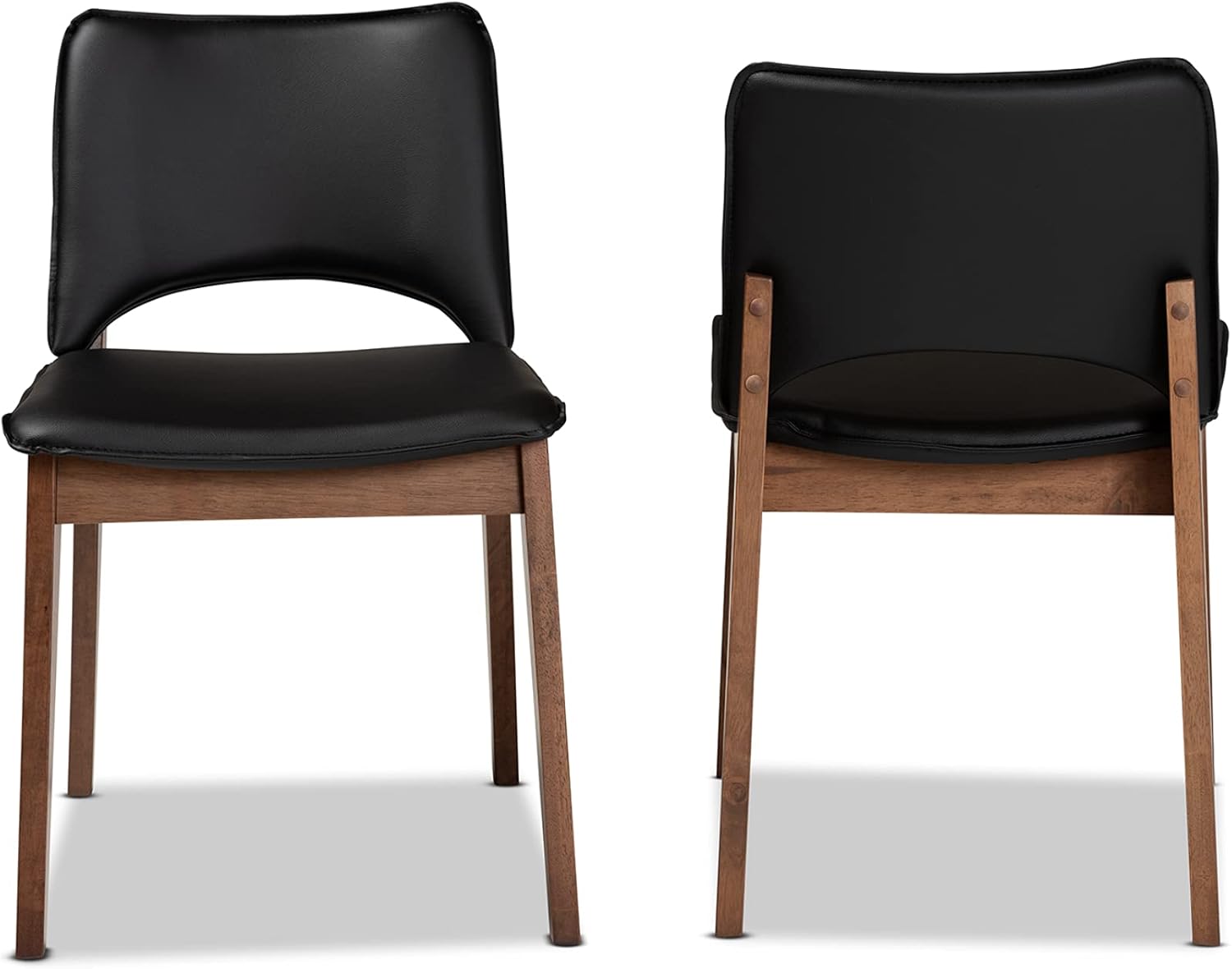Baxton Studio Afton – Juego de sillas de comedor de 2 piezas tapizadas de piel sintética negra y acabado marrón nogal, juego de sillas de comedor