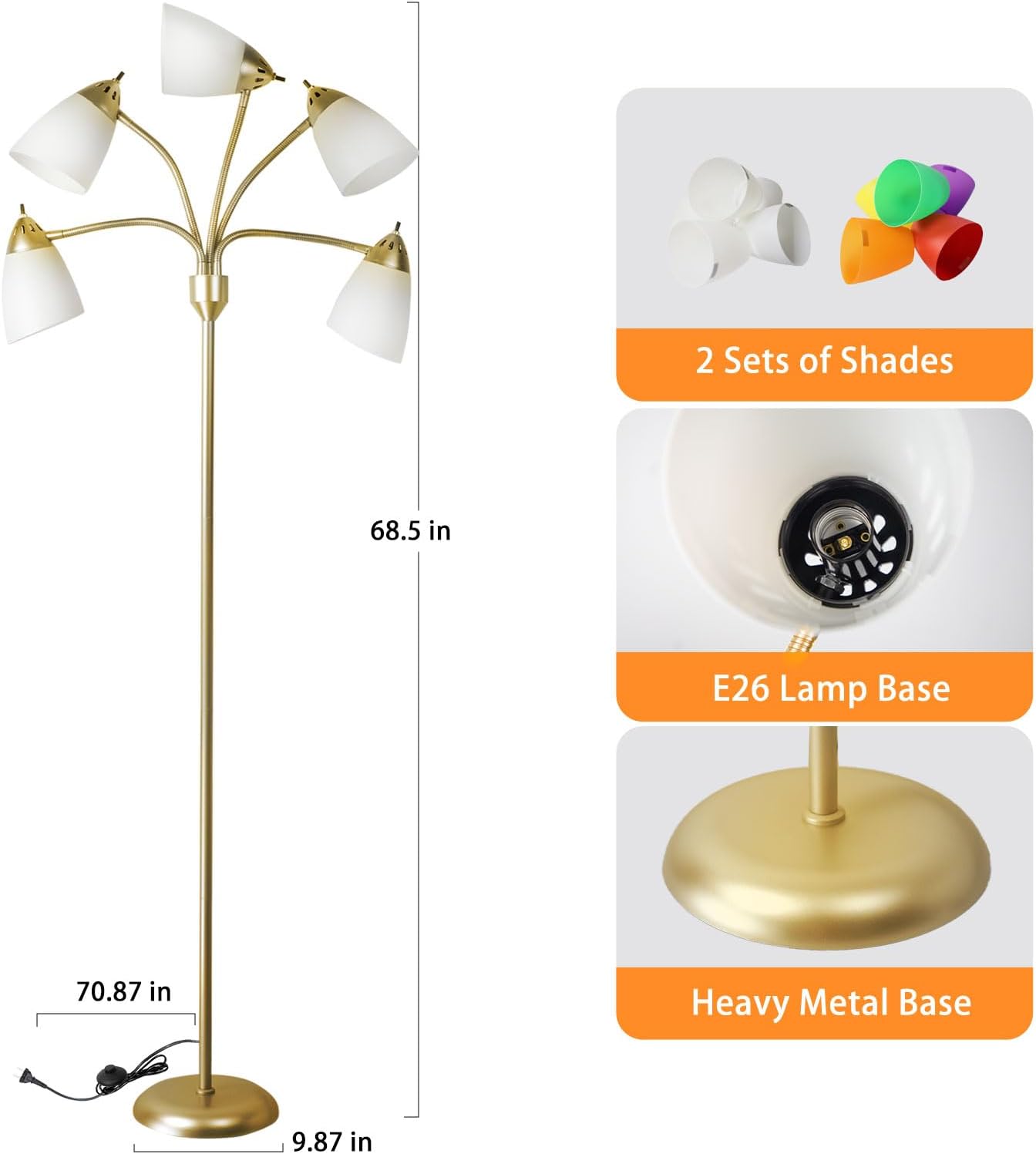 DLLT Medusa – Lámpara de pie con múltiples cabezales, moderna lámpara LED de pie con 5 pantallas blancas y 5 coloridas pantallas, luz de pie de
