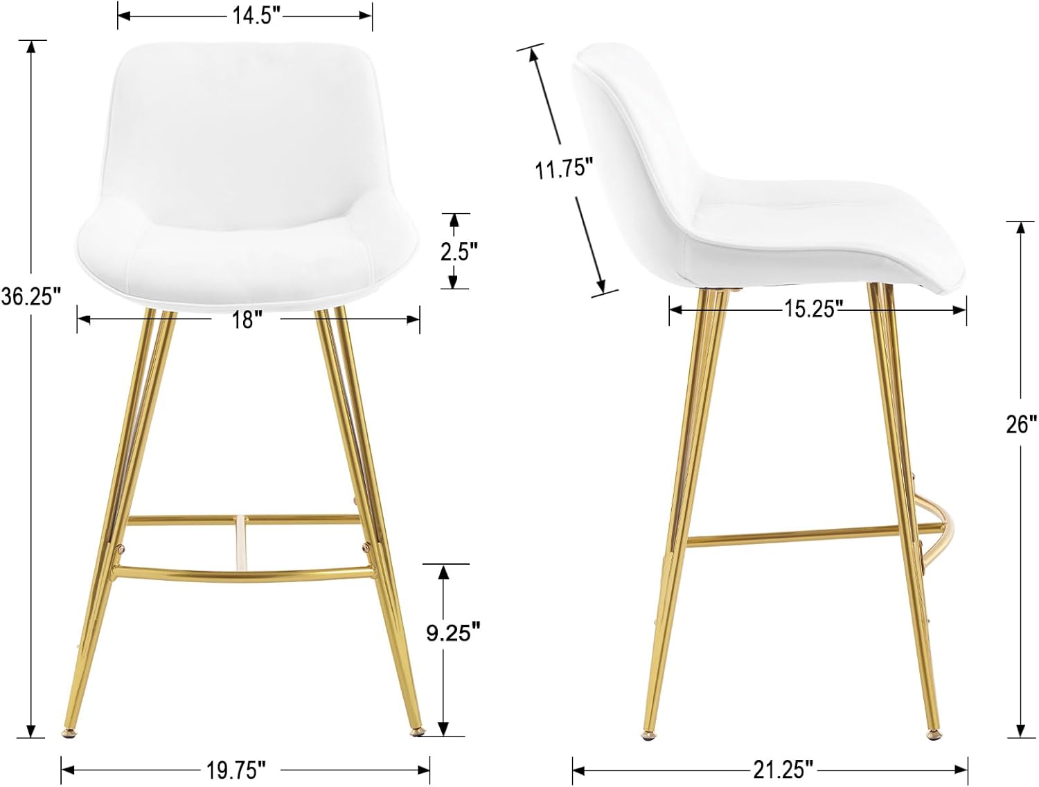 Juego de 2 taburetes de bar modernos, de terciopelo de 26 pulgadas de altura de mostrador, sillas de bar tapizadas con respaldo de patas de metal