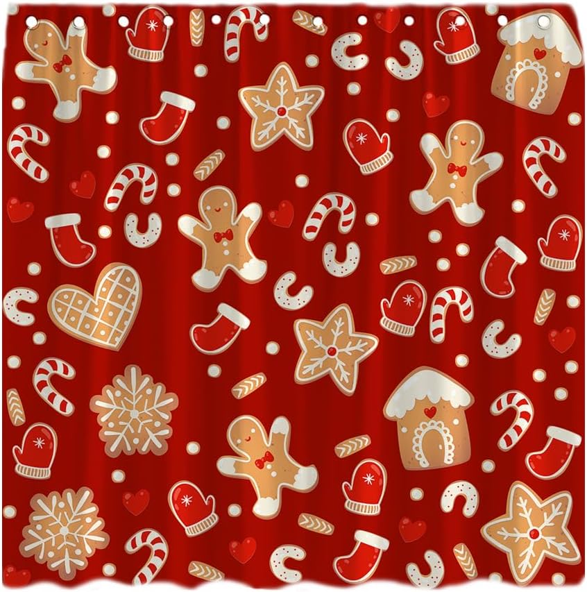 Cortina de ducha de pan de jengibre de Navidad, diseño de galletas, lindo hombre de jengibre, copo de nieve, vacaciones de invierno, feliz año