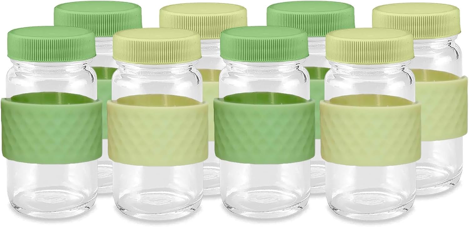 Recipientes para chupitos de jugo, vidrio, transparentes, 2 onzas, tapas de colores y bandas de agarre de silicona, almacenamiento de bebidas,