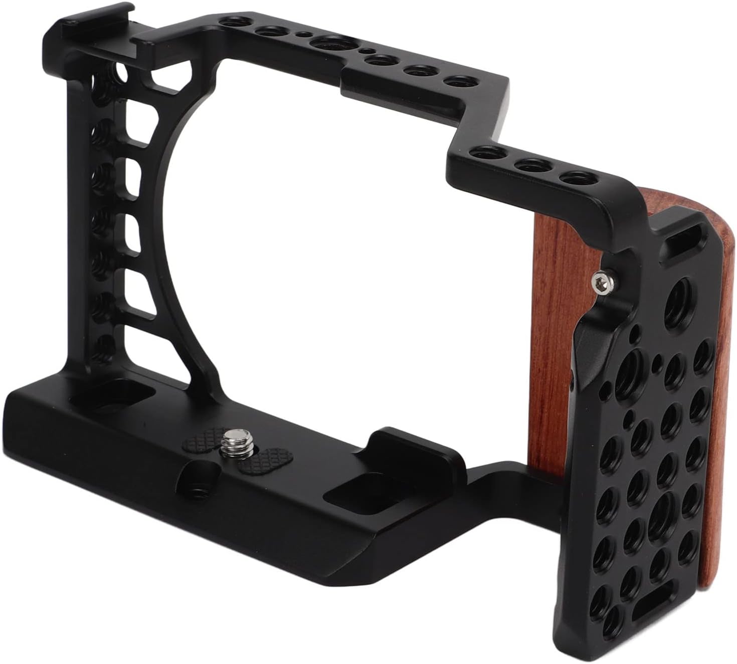 Jaula para Sony A6400 A6300 A6100 A6000, jaula de cámara de aleación de aluminio con mango de madera, jaula completa con zapata fría para agujero de
