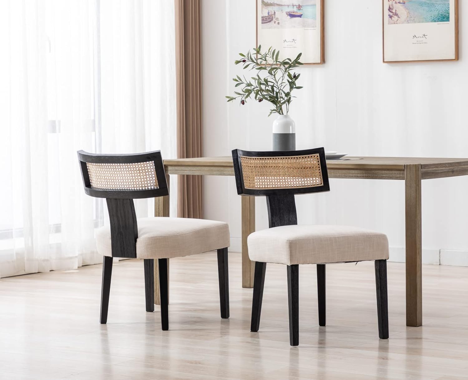 Shunzhi Juego de 2 sillas de comedor tapizadas estilo casa de campo, modernas de mediados de siglo, sillas de cocina de lino de ratán, sillas