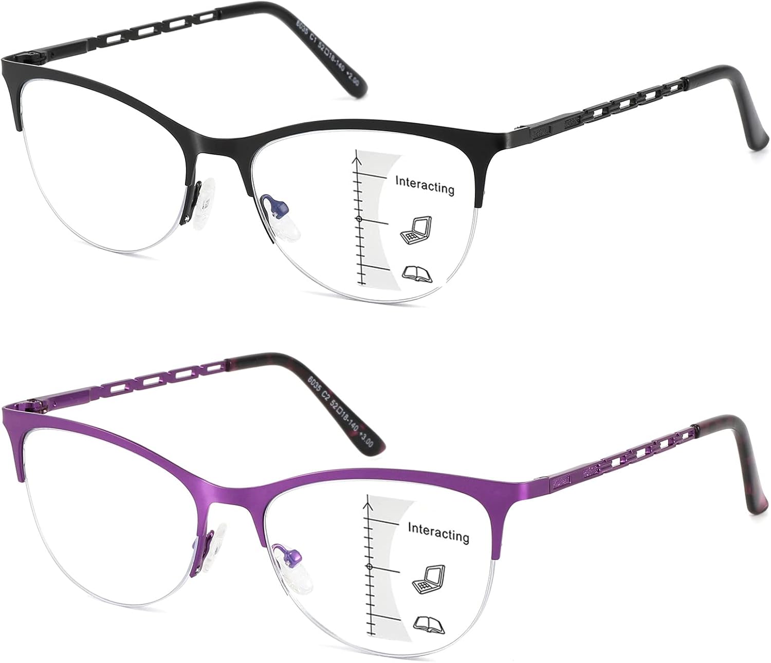 Gafas de lectura multifocales para mujer, progresivas multifocales, luz azul, lector de computadora, ojo de gato, metal, medio marco, sin línea