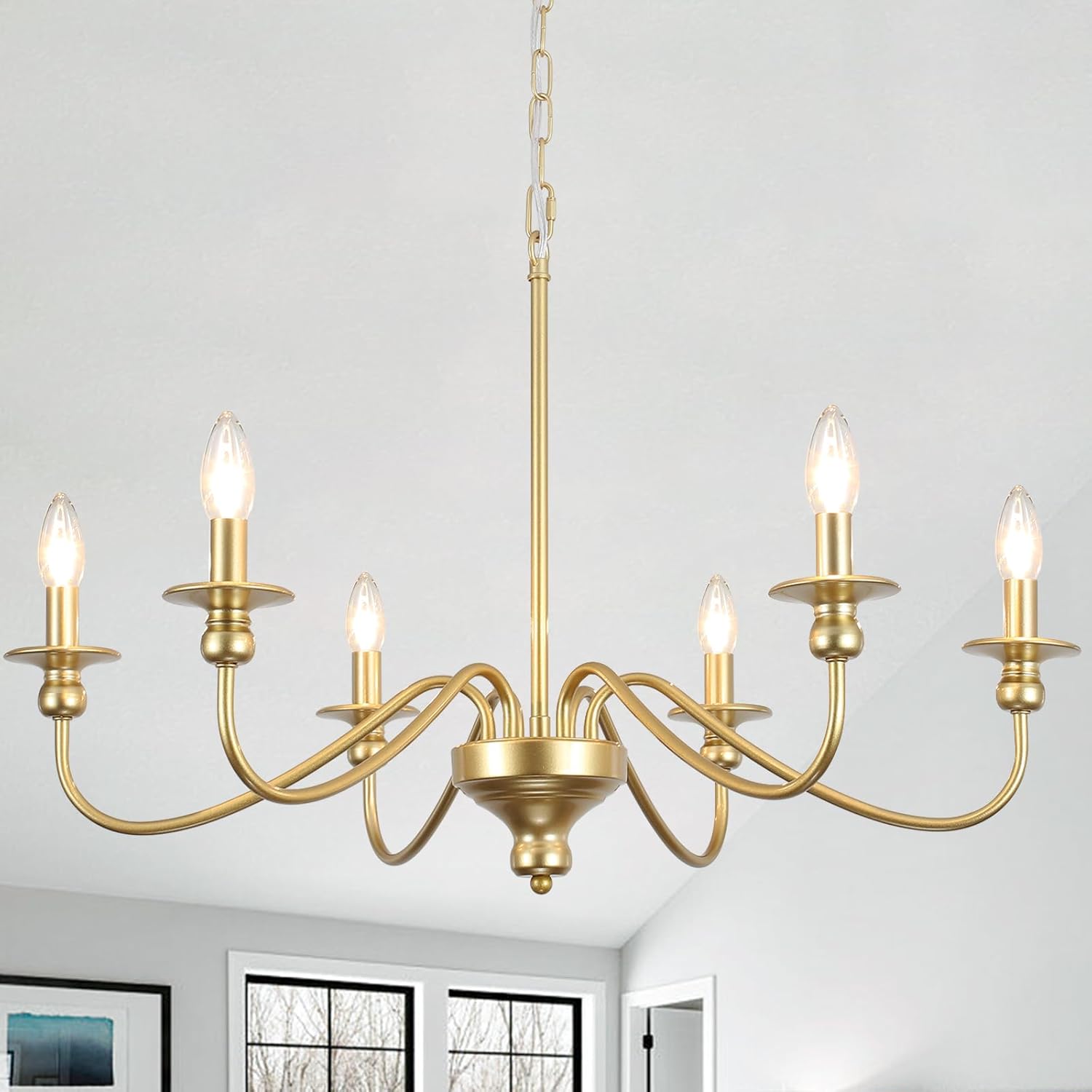 MRHYSWD Gold Chandelier Light Fixture 6 Lights Modern Farmhouse Chandelier for Dining Room Candle Pendant Light Fixtures Ceiling Hanging Chandeliers