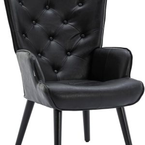 Dolonm – Silla decorativa de piel sintética moderna con botones capitoné y respaldo alto con brazos tapizados con respaldo alto y patas de madera Dolonm – Silla decorativa de piel sintética moderna con botones capitoné y respaldo alto con brazos tapizados con respaldo alto y patas de madera