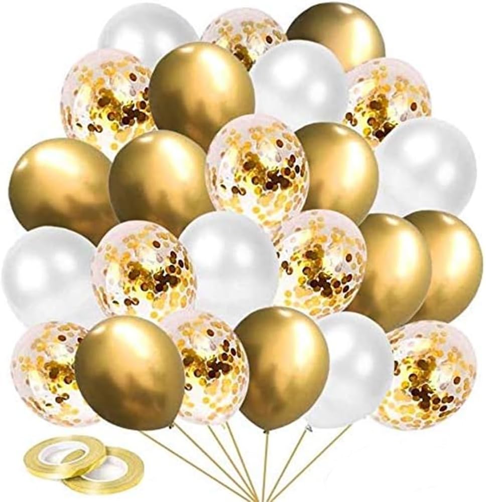 70 globos dorados metálicos, globos de látex blanco de confeti dorado de 12 pulgadas para cumpleaños, graduación, baby shower, boda, aniversario,
