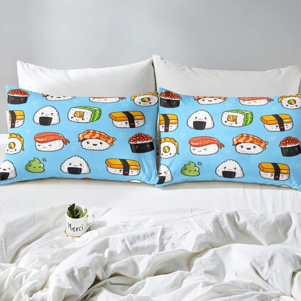 Erosebridal Juego de funda de edredón de sushi para niños, funda de edredón de comida kawaii, tamaño Queen, juego de ropa de cama de estilo japonés