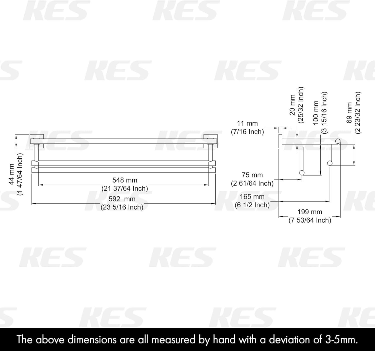 Estante con barras para toallas KES A2112, minimalista, de acero inoxidable, rack con dos ganchos para toallas, Acero inoxidable, Pulido, 24 –