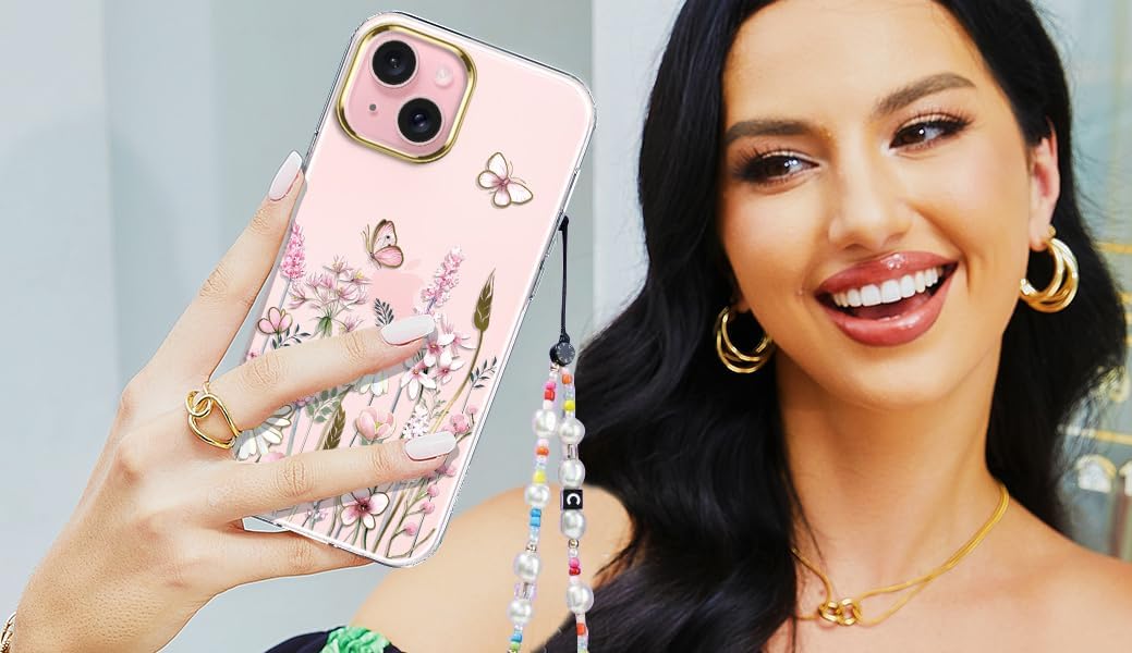 luolnh Funda compatible con iPhone 15 con correa de muñeca, para mujeres y niñas, a prueba de golpes, transparente, patrón floral, cubierta trasera