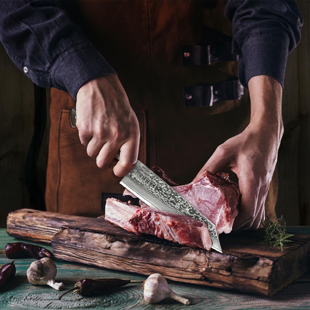 Paul Brown’s Cuchillo Kiritsuke de 8 pulgadas de acero Damasco VG10 de 67 capas con patrón de martillo forjado con mango de madera premium y madera