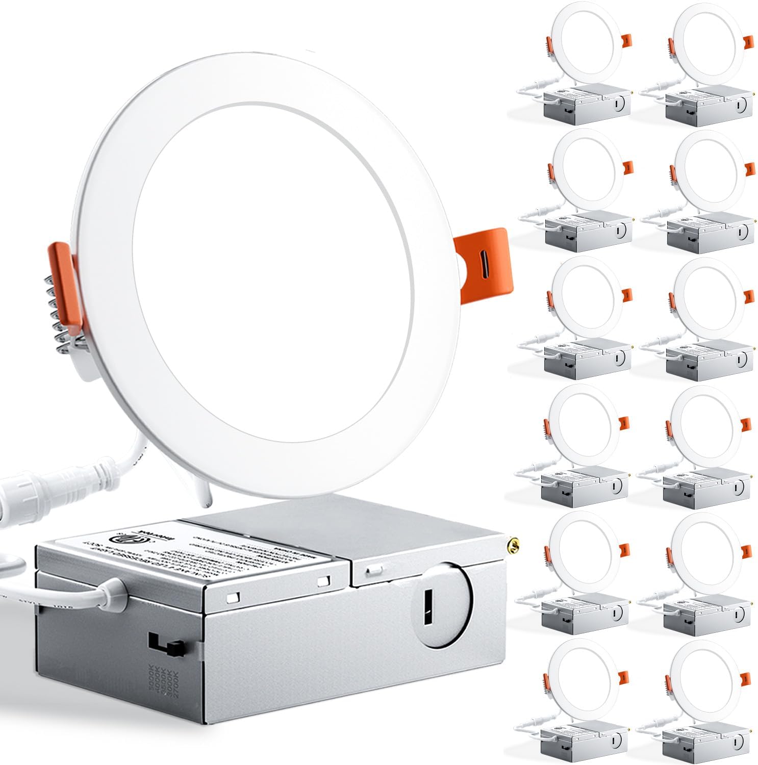 SunLake – Paquete de 12 luces empotrables de techo LED ultrafinas de 4 pulgadas con caja de conexiones, luz diurna de 5000 K, ecualizador de 10 W y