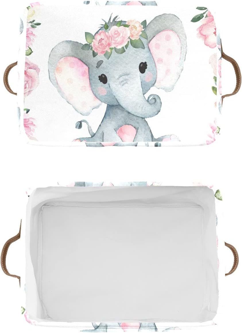 Contenedor de almacenamiento personalizado con diseño floral rosa de elefante bebé con nombre, impermeable, con asas, para cestas de regalo, bolsa