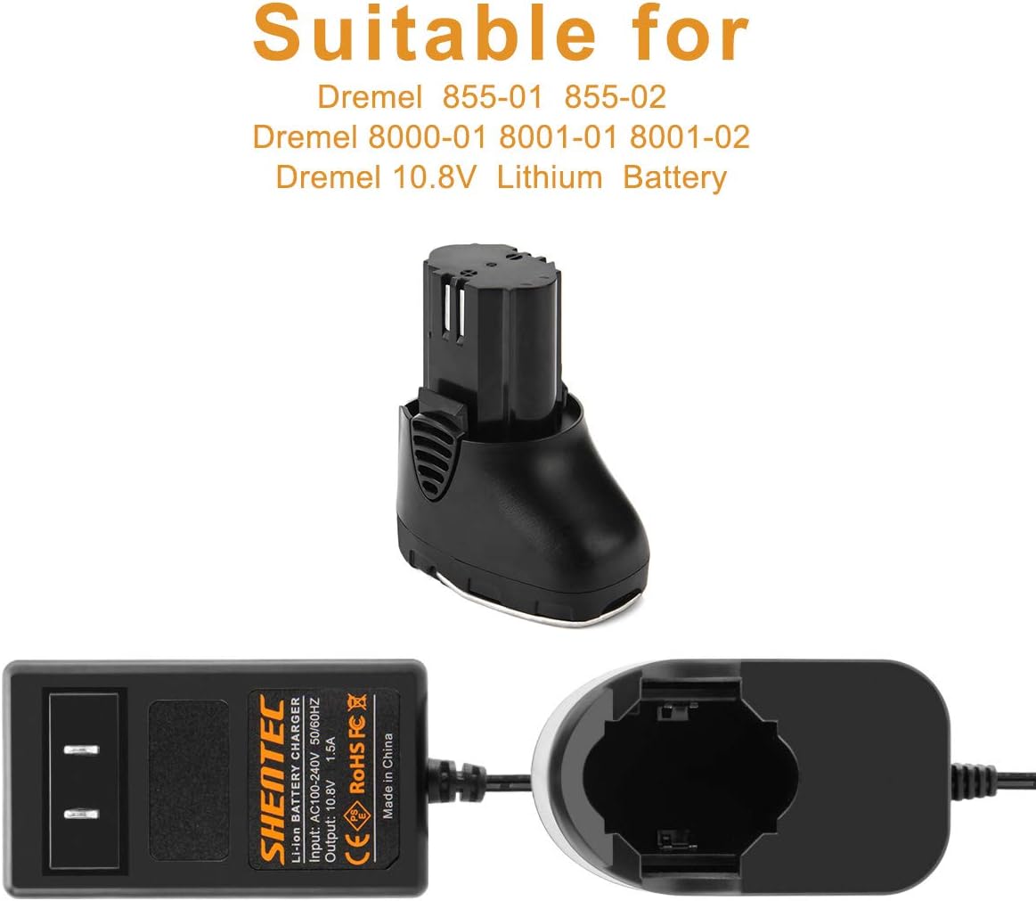 Shentec Batería de 10.8V 3.0Ah compatible con Dremel 855-02 855-01, compatible con Dremel 8000-01 8001-01 8001-02 herramienta inalámbrica (cargador