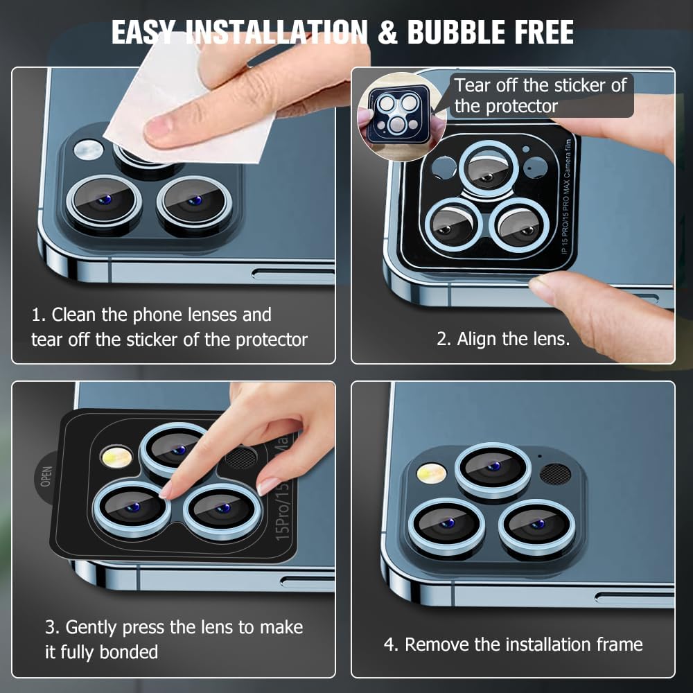 OUYTEU Paquete de 2 protectores de lente de cámara (azul) para iPhone 15 Pro y iPhone 15 Pro Max, cubierta de cámara de vidrio templado 9H, ultra