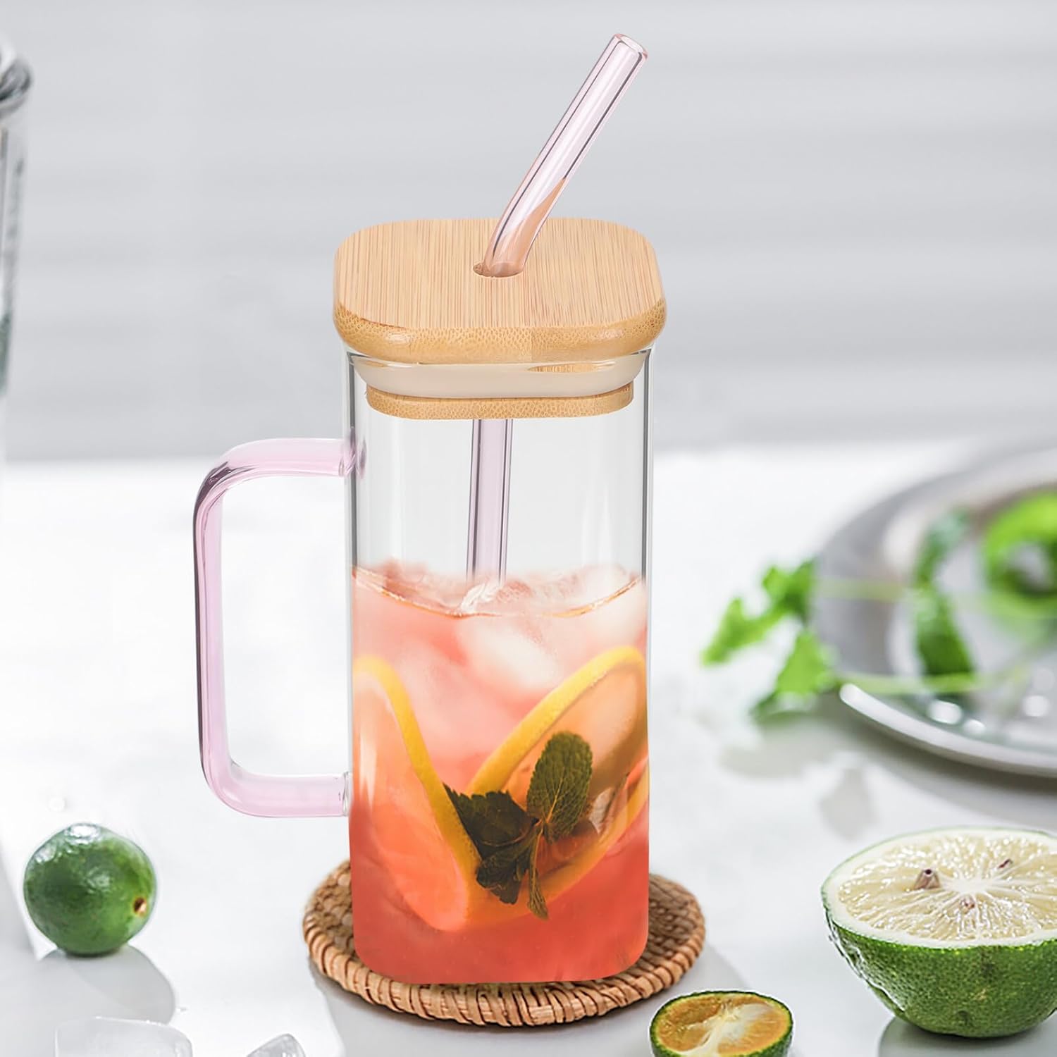 Luxshiny Vasos rectangulares con pajita de vidrio con tapas, vasos cuadrados con asa, tapa de bambú, vasos transparentes para café helado para el