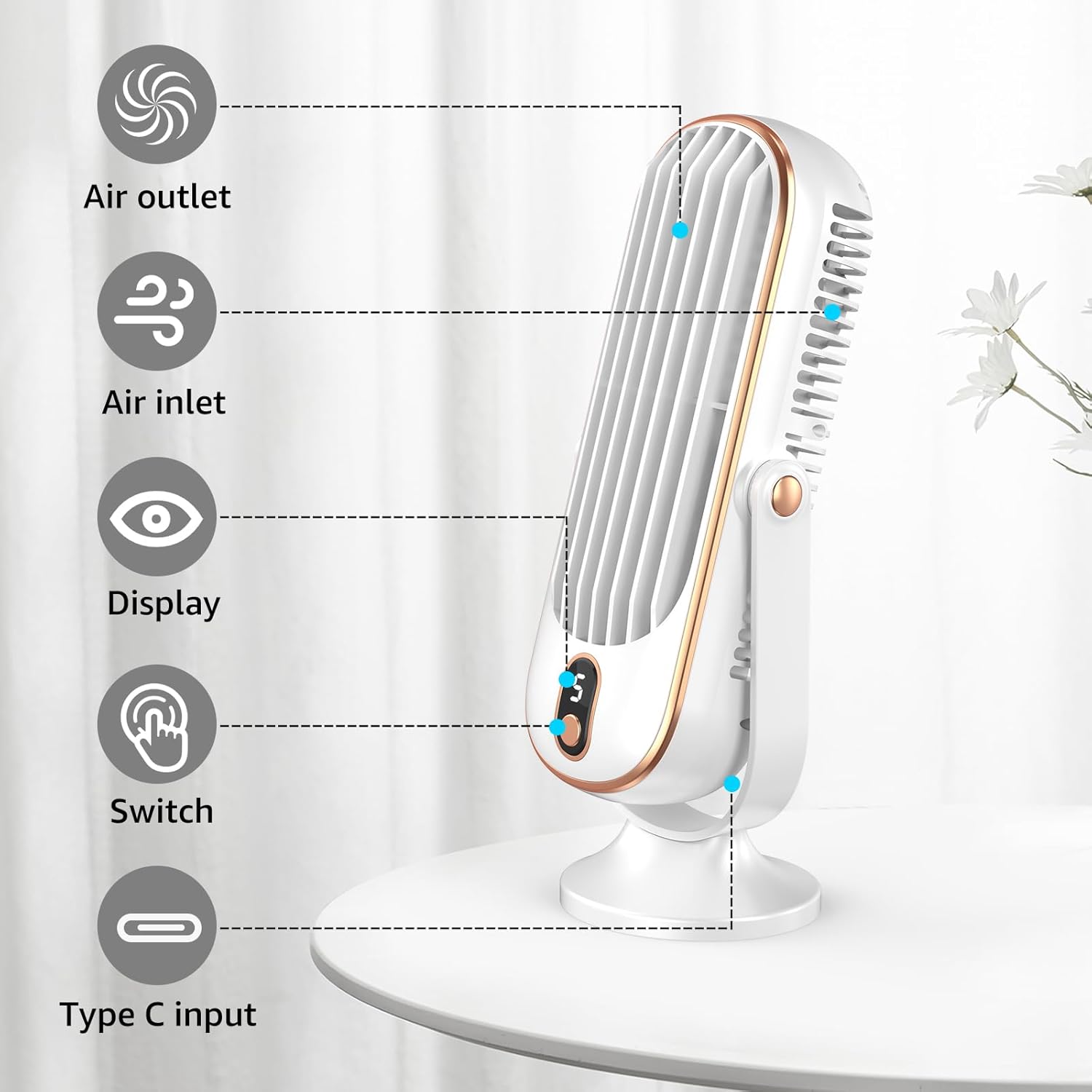 Ventilador de torre, ventilador de escritorio portátil con opciones de 5 velocidades, doble circulación de aire, ventilador de mesa silencioso