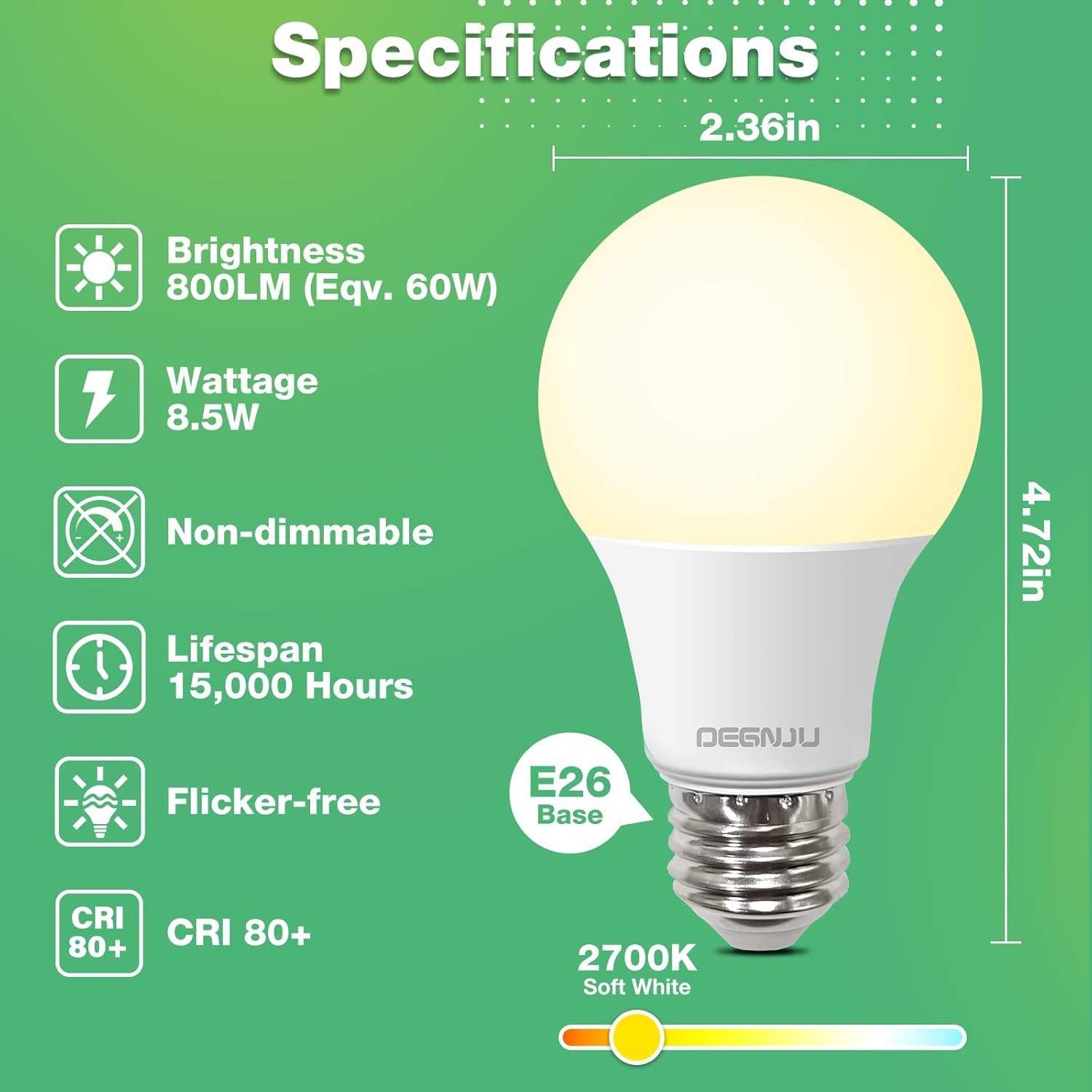 DEGNJU Paquete de 24 bombillas LED blancas suaves de 2700 K, bombillas LED equivalentes a 60 W, bombillas estándar A19, 800 LM, 15000 horas, base