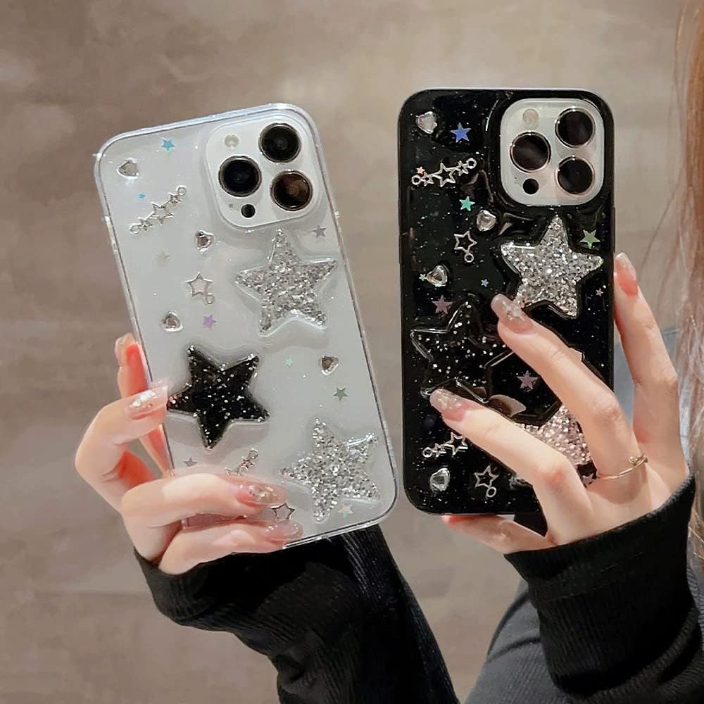 Funda para iPhone 14 con diseño de estrellas 3D con corazones brillantes y diamantes con purpurina Y2K Spark de lujo, diseño femenino estético