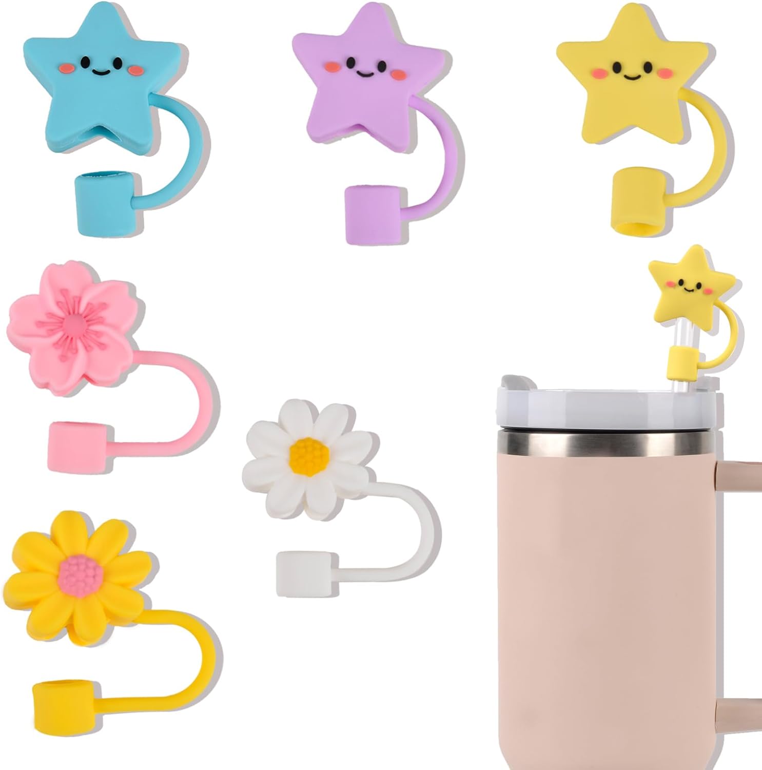 8 fundas de popote compatibles con vasos Stanley de 30 y 40 onzas, de silicona, reutilizables, de 0.4 pulgadas, con bonitas puntas de popote a