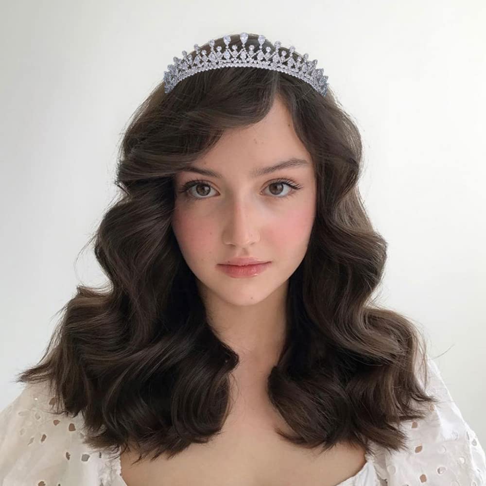FASNAHOK Corona de boda con circonita cúbica completa, tiaras de novia, tocados alargados para concursos de belleza, hechos a mano, accesorios de