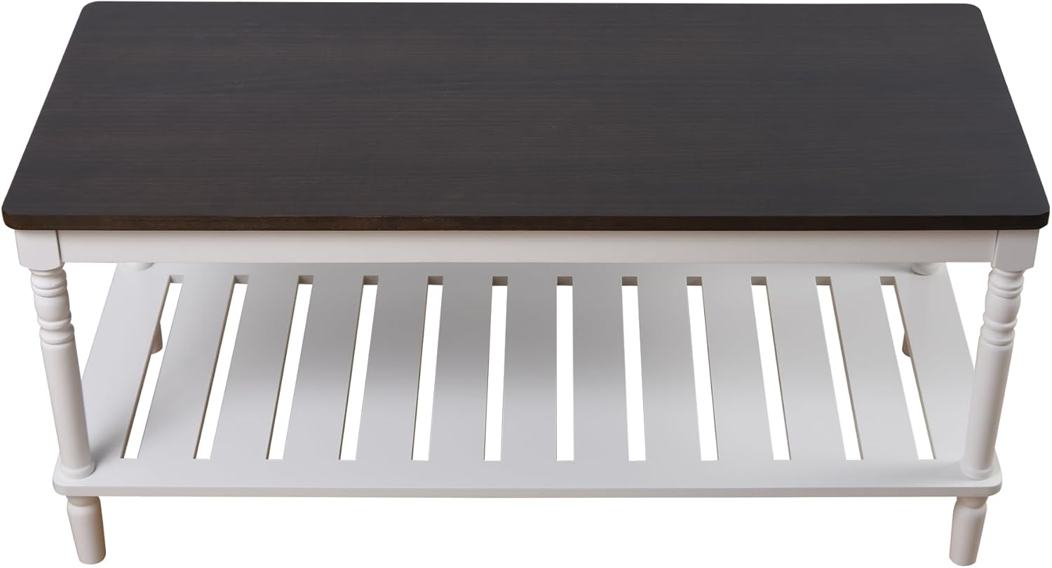 Mesa de centro de granja, madera maciza + MDF rústica, vintage, mesas de sala de estar con estante, marrón y blanco, 43 pulgadas