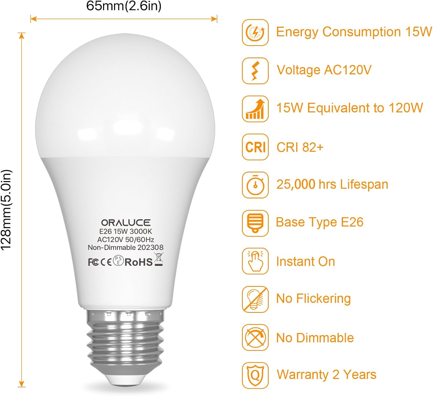 ORALUCE Bombillas LED de 100 vatios, equivalente a 120 vatios, 15 W, 1600 lúmenes, 3000 K, bombillas LED blancas suaves, base media E26, no