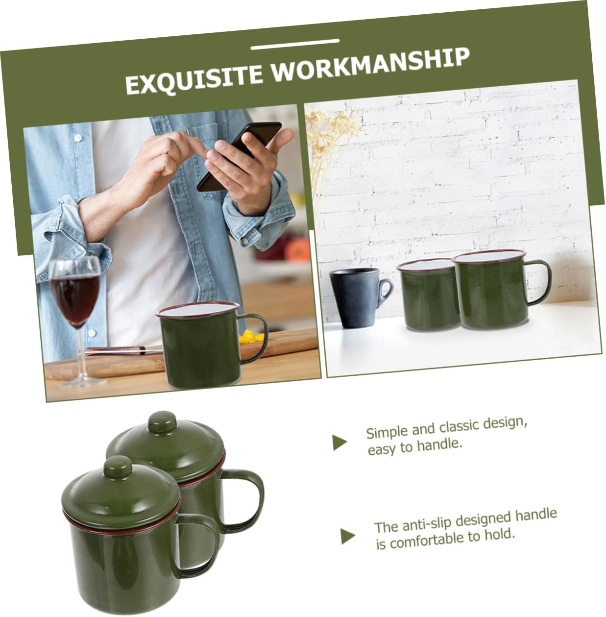 jojofuny 2 uds. Esmalte Retro Camp para tazas, tazas de té, café, vintage, vasos de esmalte verde chino, acampada, al aire libre, pequeño, vino,