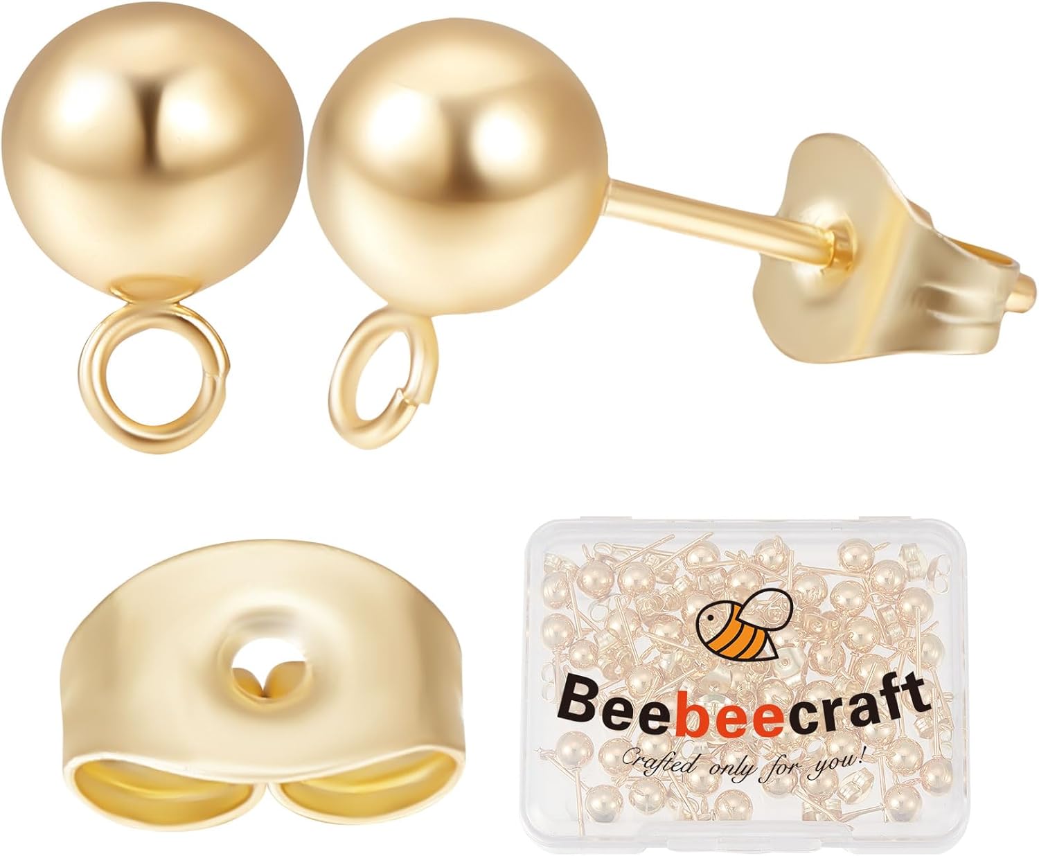 Beebeecraft 1 caja de 50 piezas de aretes de bola chapados en oro de 24 quilates con bucles, componente de pasador de oreja de bola de 0.354 x 0.236