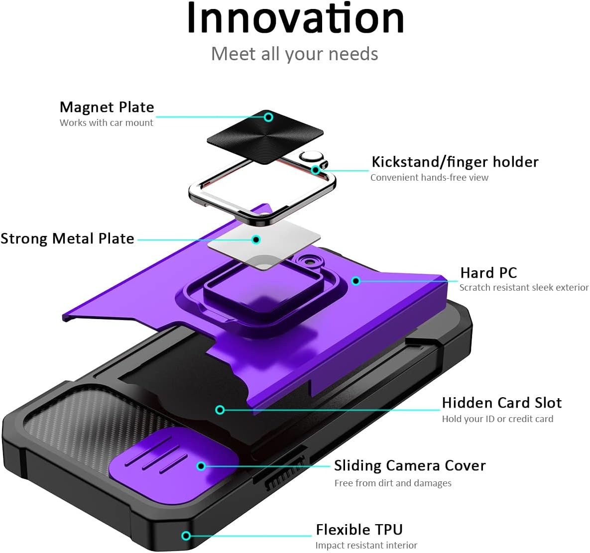Nvollnoe Funda para iPhone 1212 Pro con cubierta deslizante para cámara y tarjetero resistente funda protectora para iPhone 12 con anillo magnético