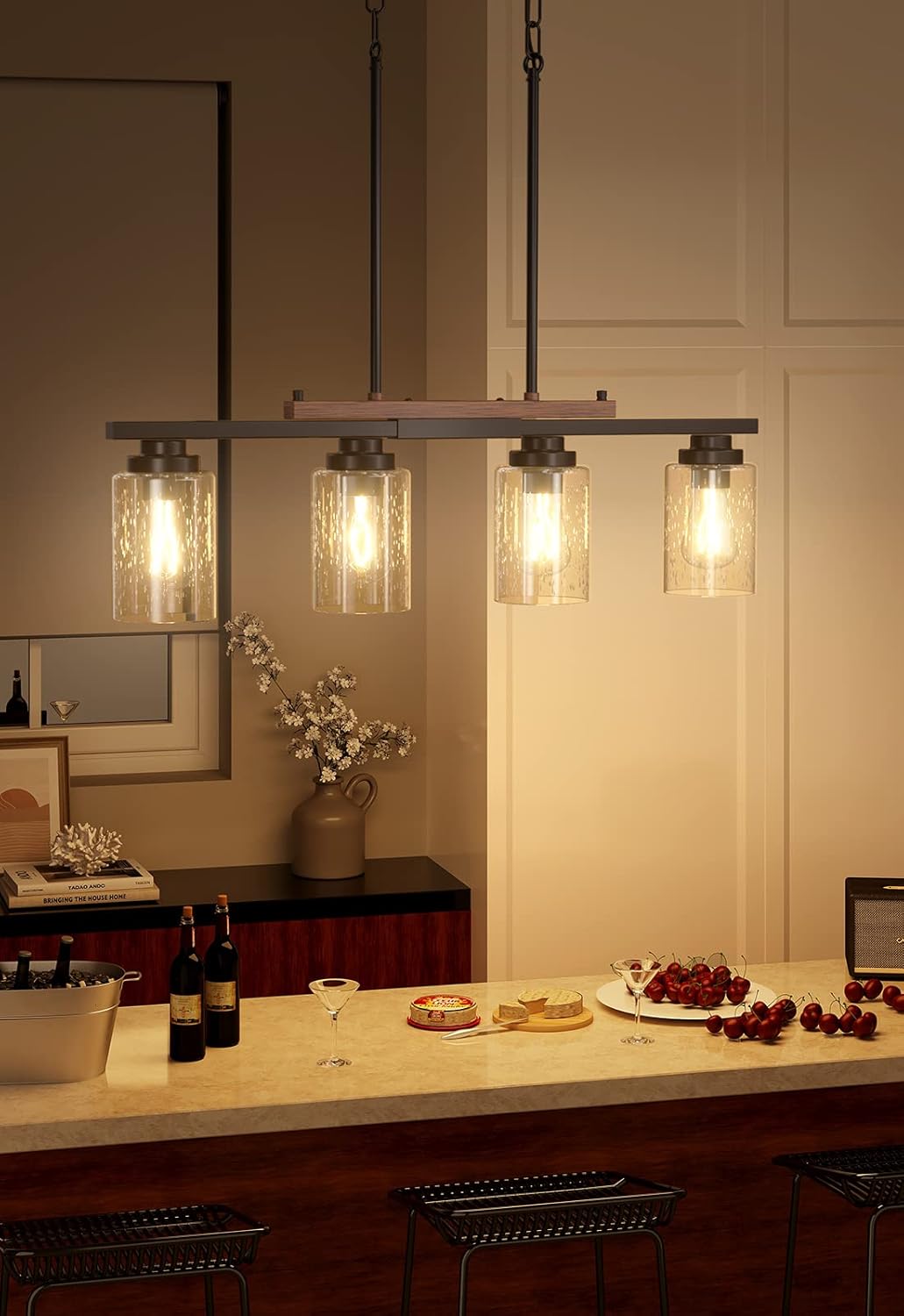 Amico Iluminación de isla de cocina, luces colgantes de granja para isla de cocina, candelabros para comedor con pantalla de vidrio y varillas