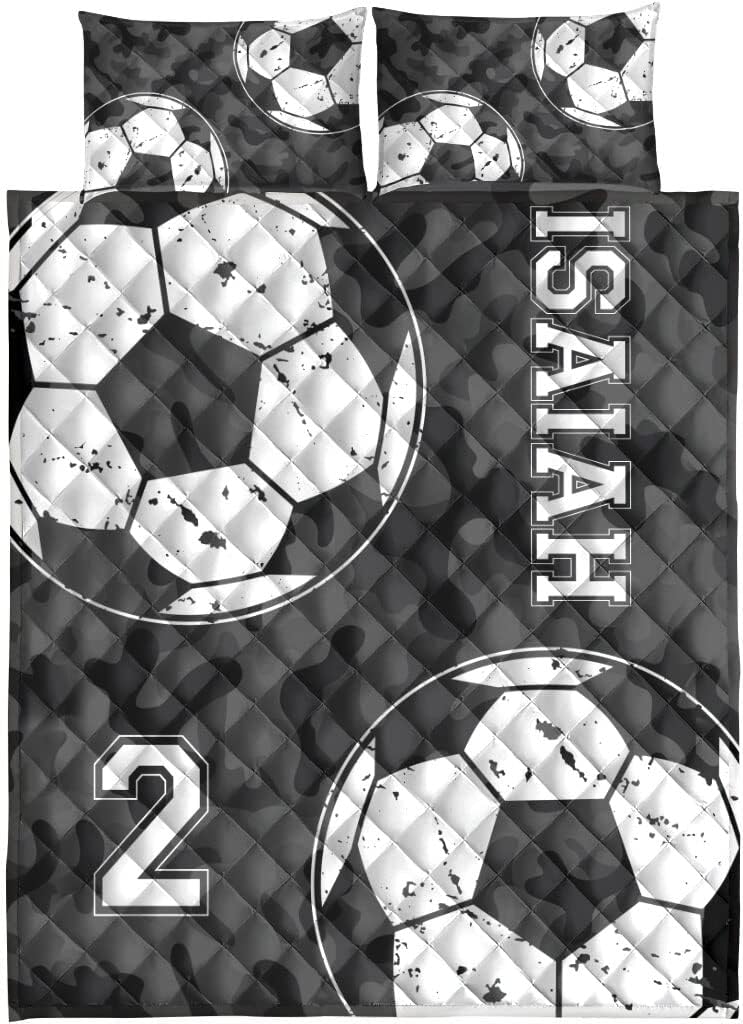 OhaPrints Balón de fútbol personalizado, diseño de camuflaje negro, regalo deportivo, manta personalizada con nombre y fundas de almohada, juego de