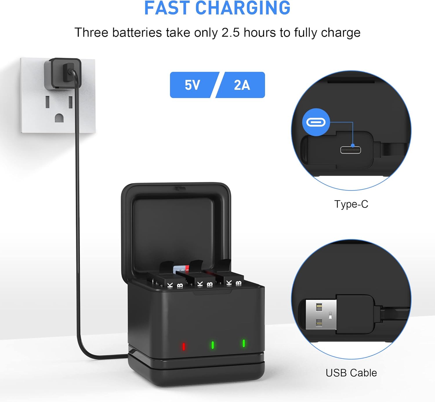 Hero 8 – Batería de repuesto de 1800 mAh para GoPro Hero 678, paquete de 3 y cargador de almacenamiento (totalmente compatible con GoPro Hero 8,