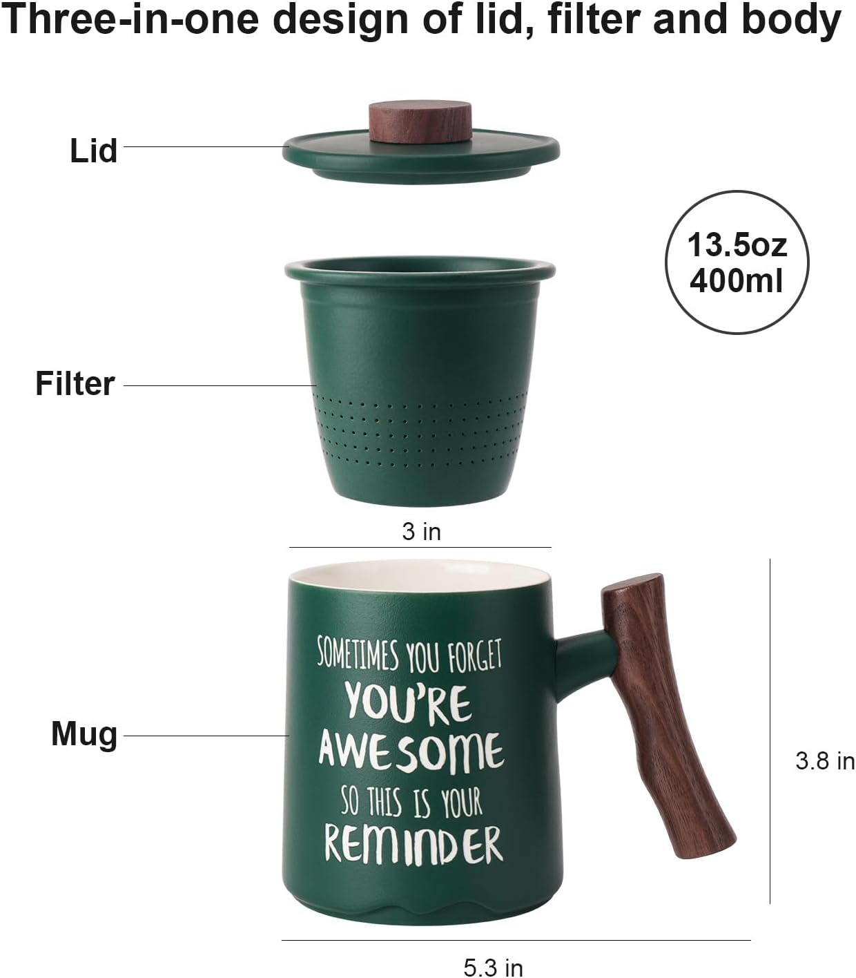 Breleidy Taza de té de cerámica con infusor y tapa, taza de café con mango de madera con colador para remojar hojas sueltas, regalo ideal para los