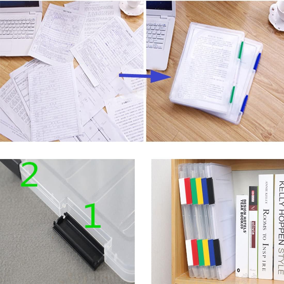 Lemical Caja de archivos portátil A4 para revistas, organizador de documentos con cierre de hebilla, contenedor de plástico transparente,