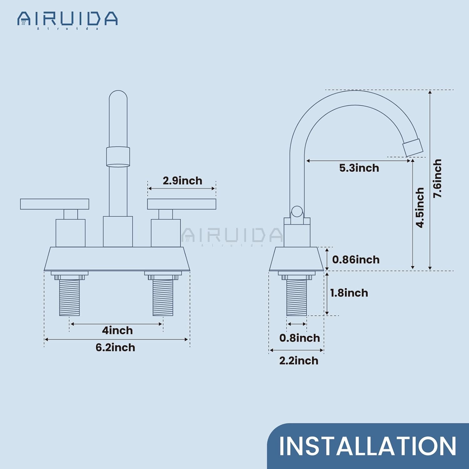 Airuida Grifo de baño central de 4 pulgadas, grifo de lavabo de baño de 2 asas, grifo de tocador de baño de dos agujeros con drenaje emergente, 2