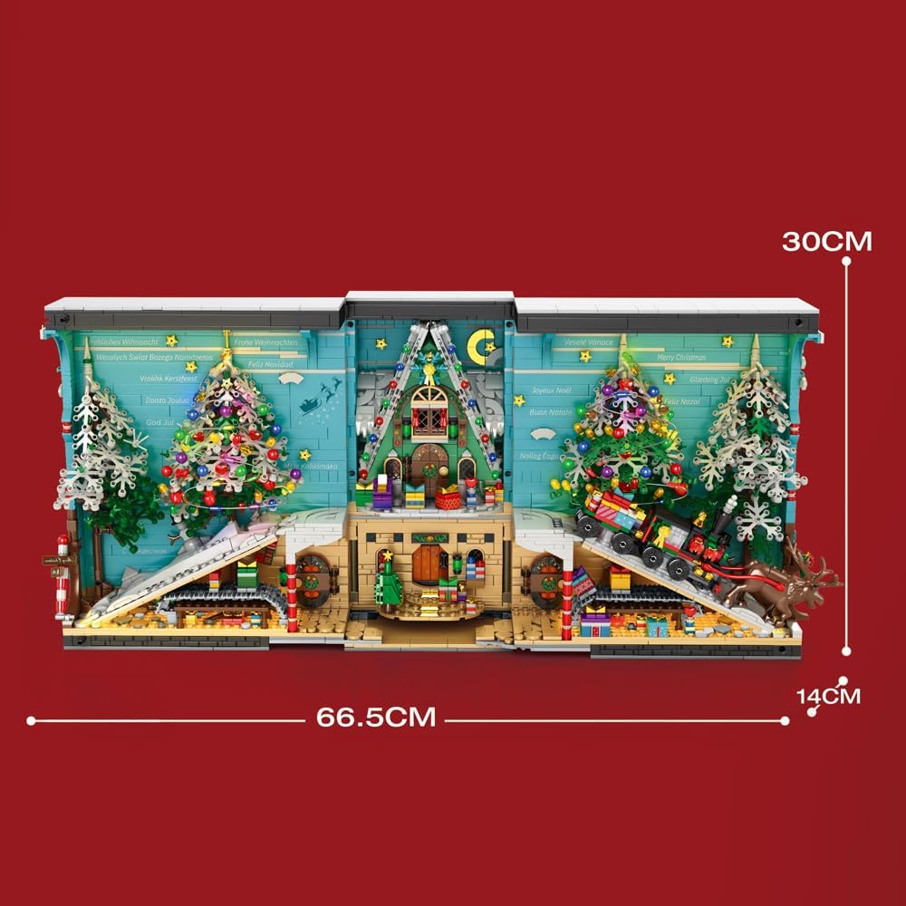 MISINI Bloques de construcción de tren de Navidad 3D 66033 2023, 3260 piezas, sujetalibros de árbol de Navidad, alce, libro de bloques con luz LED,