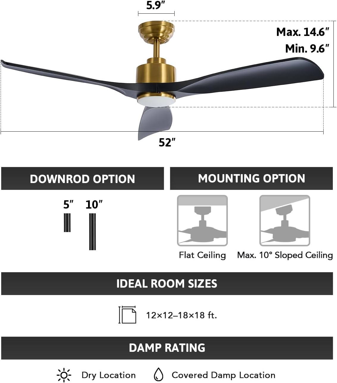 VONLUCE Ventiladores de techo con luces, ventilador de techo inteligente de 52 pulgadas con control remoto, aplicaciónAlexa, motor reversible de 6